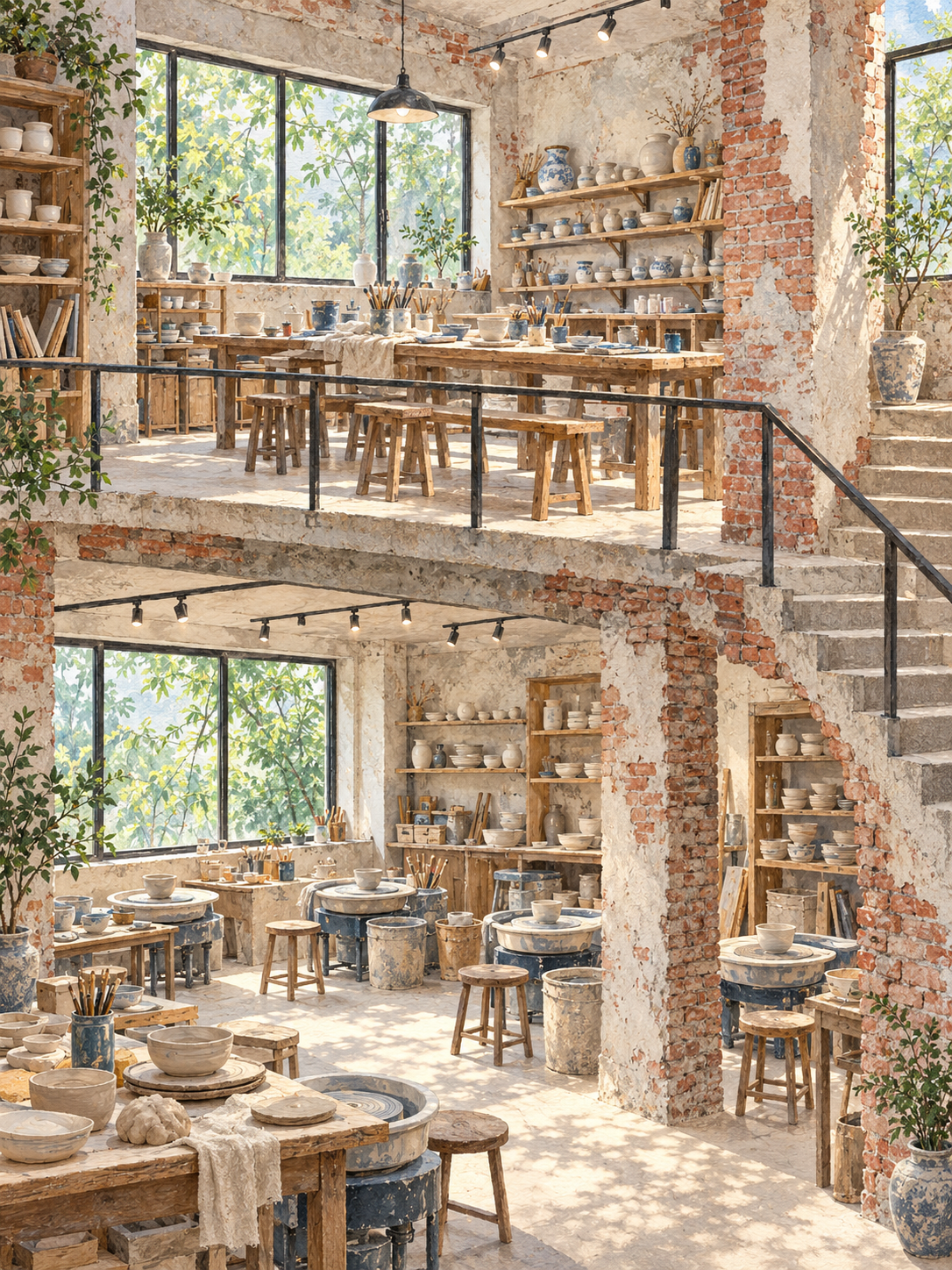 AI-generated pottery classroom illustration, not a photograph of the studio. Confirm the actual venue when booking.